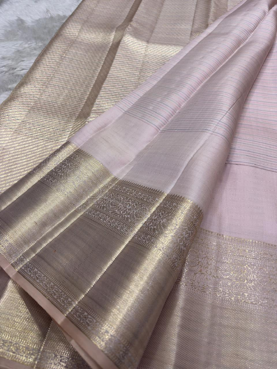 Blush rose pink Kanjivaram silk saree silver gold small butta detail