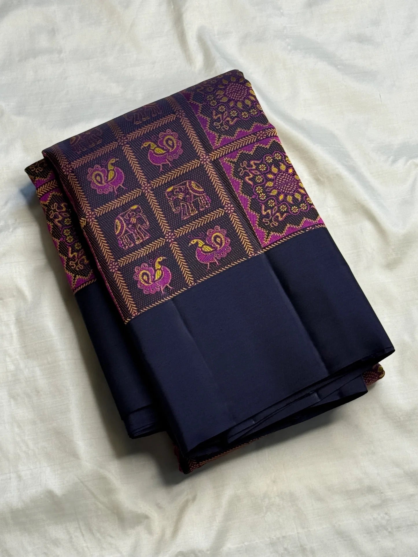 Kanchana Brown Handwoven Pure Silk Kancheepuram Saree with Bomkai-Inspired Buttas and Navy Violet Contrast