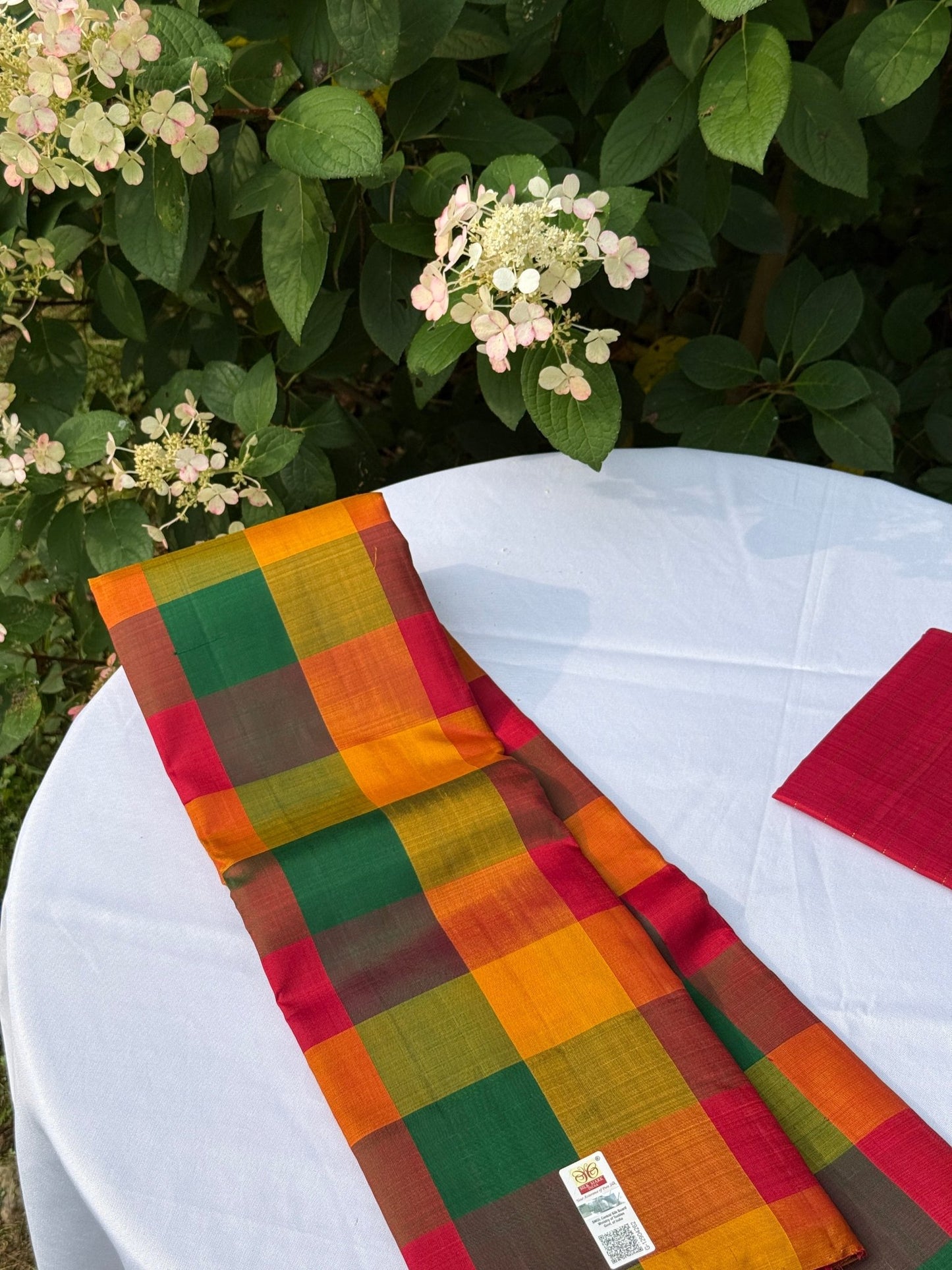 Flat lay of borderless kattam silk saree with tassels visible at edge