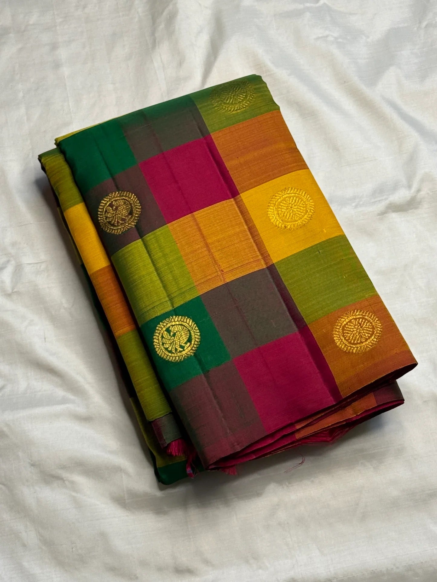 Multicolour pure silk Kanjeevaram saree — borderless paalum pazhamum weave