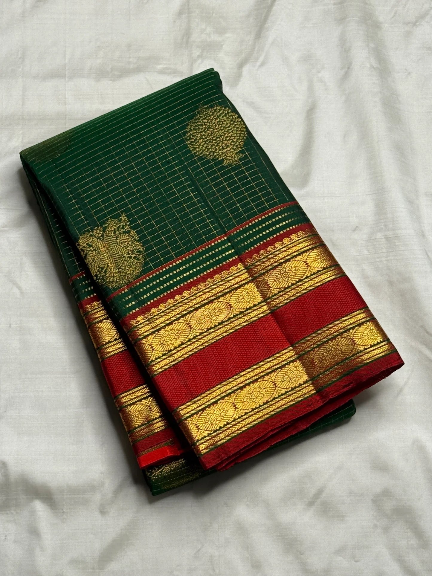 Gold zari gandaberunda motif on bottle green zari kattam Kanjivaram silk saree body — Idam Living