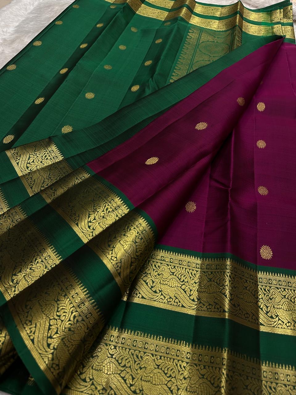 Bottle green border berry pink Kanjivaram silk saree traditional zari USA Idam Living