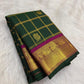 Deep Bottle Green Kanchipuram silk body crossed with fine antique-gold Zari Kattam checks — Idam Living