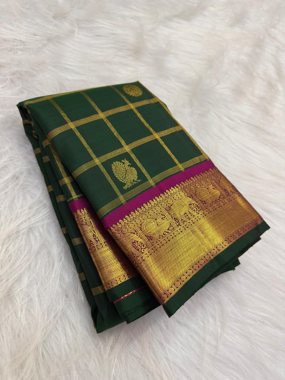 Deep Bottle Green Kanchipuram silk body crossed with fine antique-gold Zari Kattam checks — Idam Living
