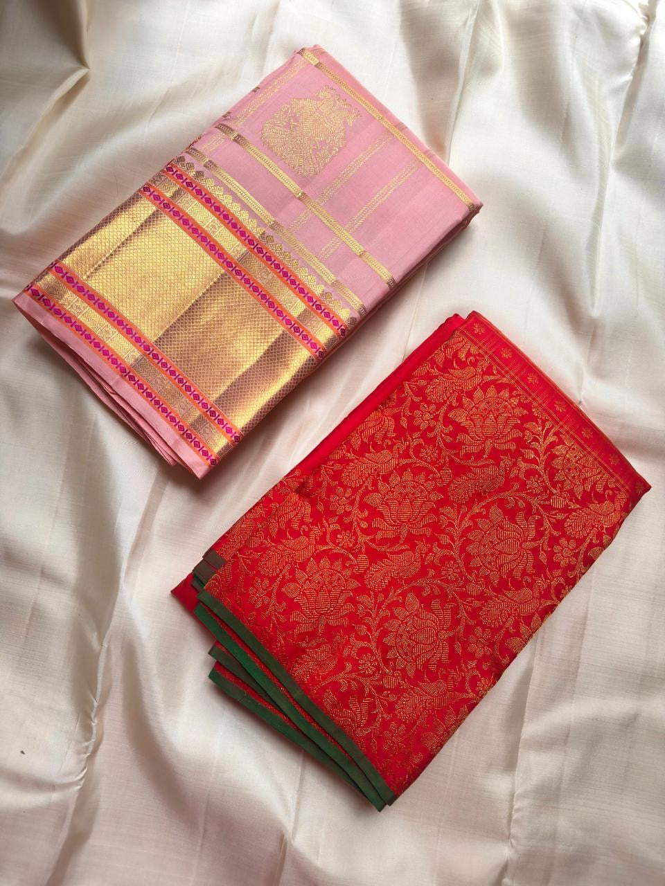 Coordinating bottle-green Kanchipuram silk blouse piece with fine gold woven stripes.
