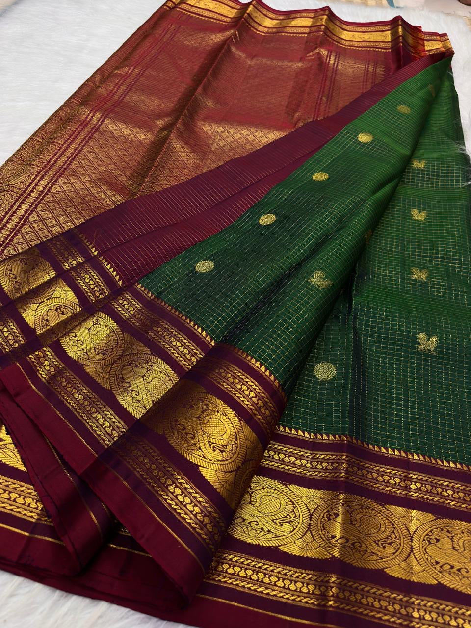 Bottle Green Handwoven Pure Silk Kanjivaram Zari Kattam Saree — full saree view — Idam Living