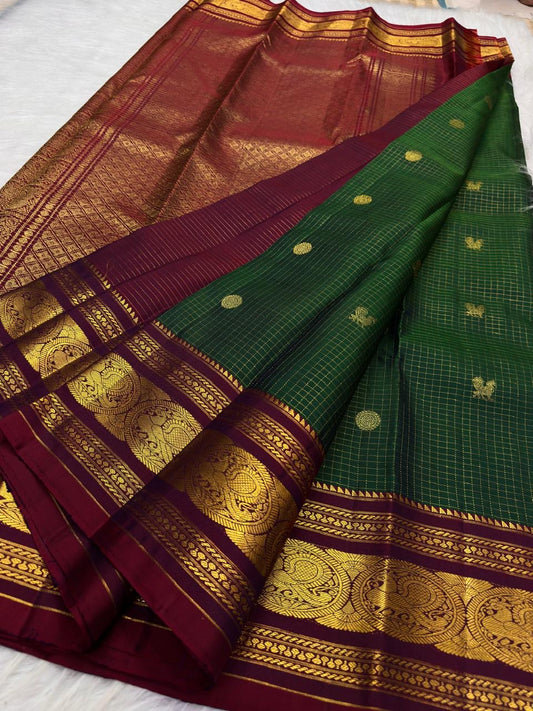 Bottle Green Handwoven Pure Silk Kanjivaram Zari Kattam Saree — full saree view — Idam Living