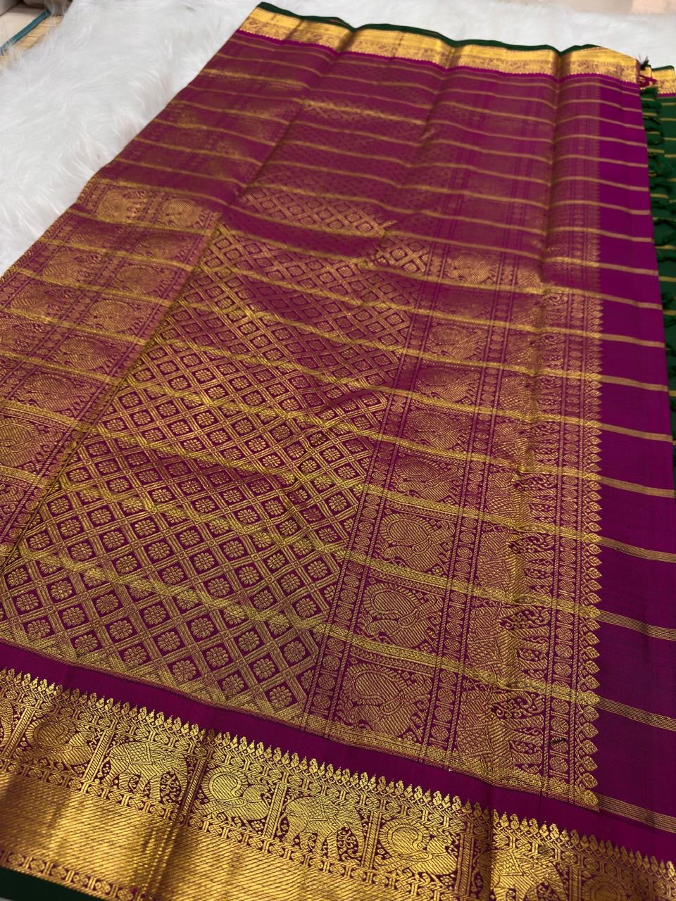 Antique-gold zari close detail showing the checked body and ornamental work of the Kanchipuram saree — Idam Living