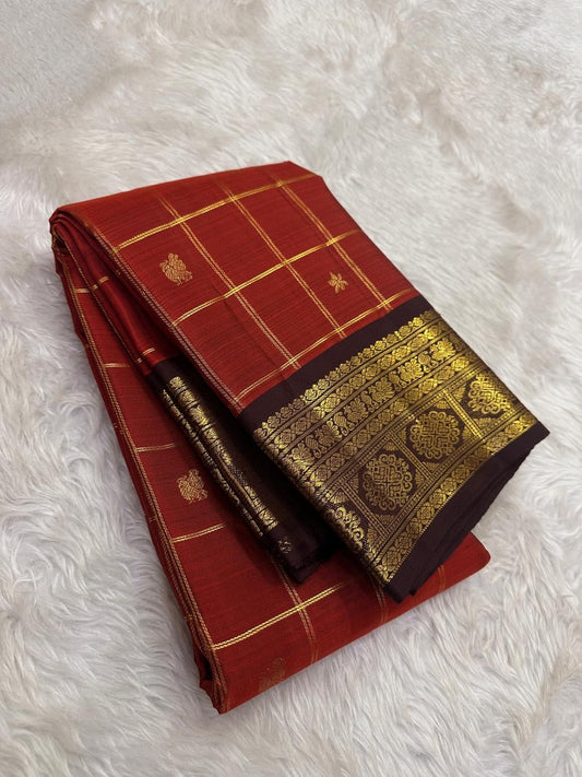 Brick red handwoven pure silk Kancheepuram saree overview — Idam Living