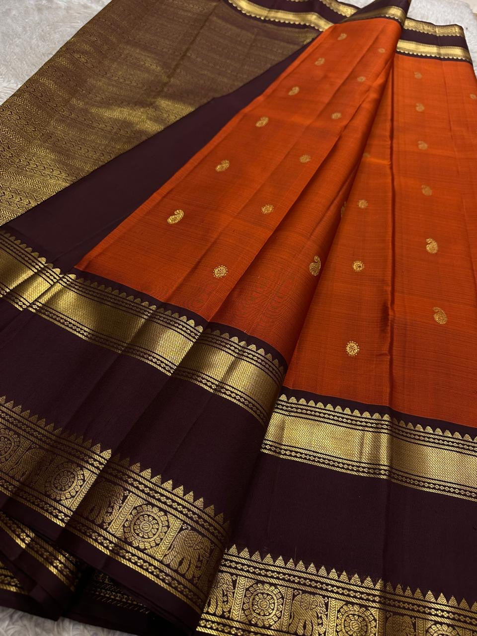 Brick red pure silk Kanchi saree – full overview