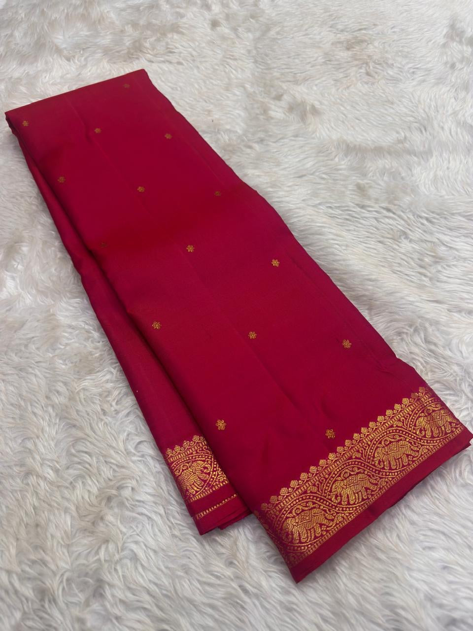 Classic Red Handwoven Pure Silk Kancheepuram Saree with Small Gold Buttas & Petite Zari Elephant Border