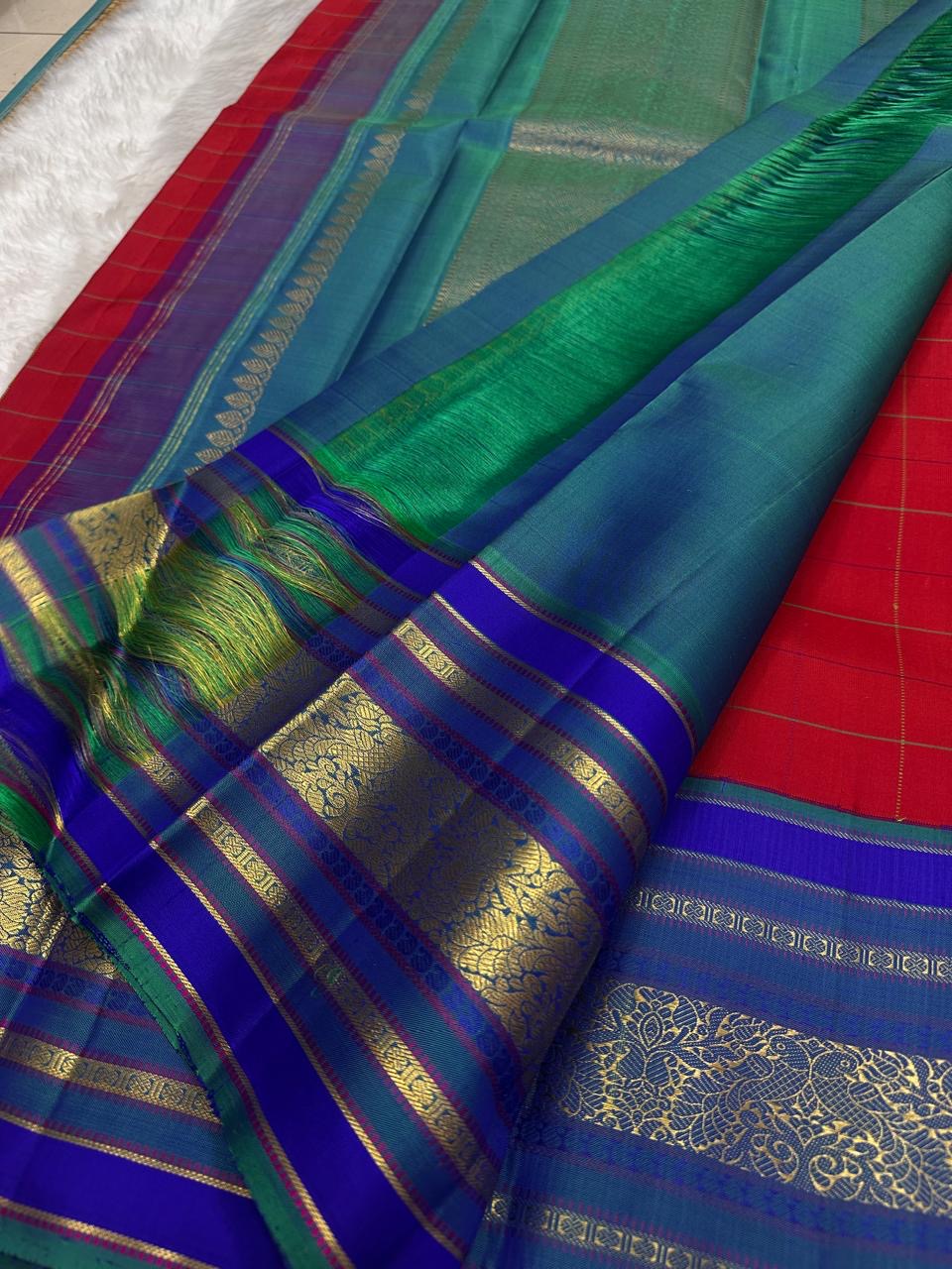 Bright red Kanchipuram pure silk saree royal violet zari border Idam Living