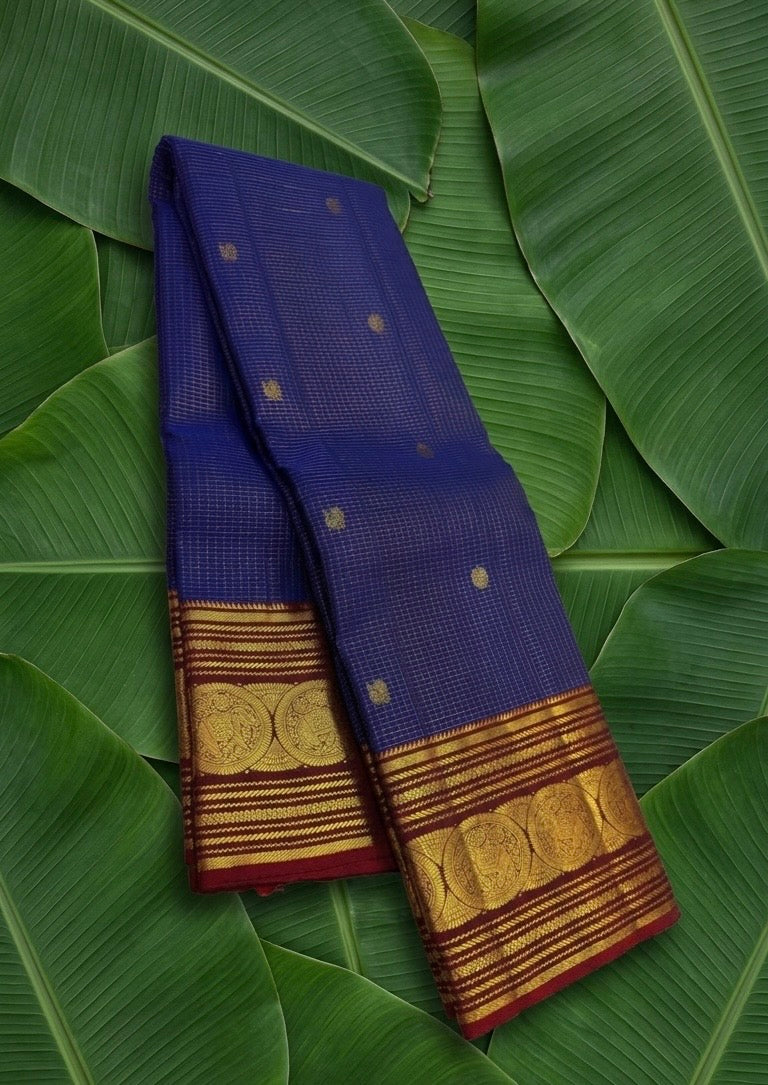 Navy indigo handwoven Kancheepuram pure silk saree with zari kattam body and sorgavasal peacock magenta korvai border — Idam Living