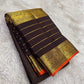 Brown pure mulberry silk Varisaipet saree with fine gold lines and Burnt Orange selvedge.