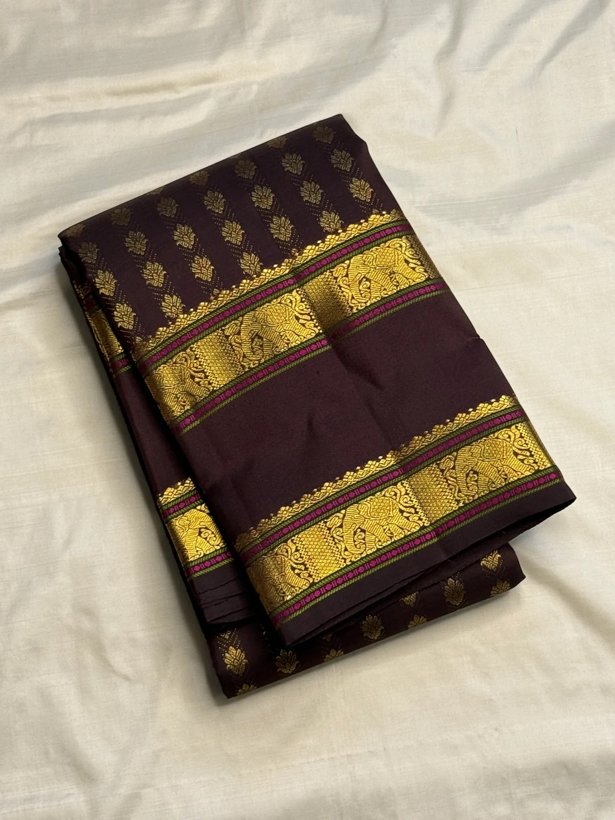 Deep Cocoa Brown Handwoven Pure Silk Kanjipuram Rettapet Saree with Surya Kamalam Gold Zari Buttas