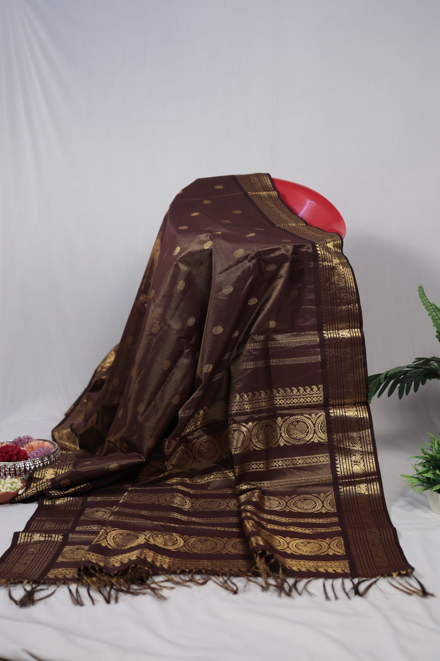 Brown saree with gold patterns on a white background