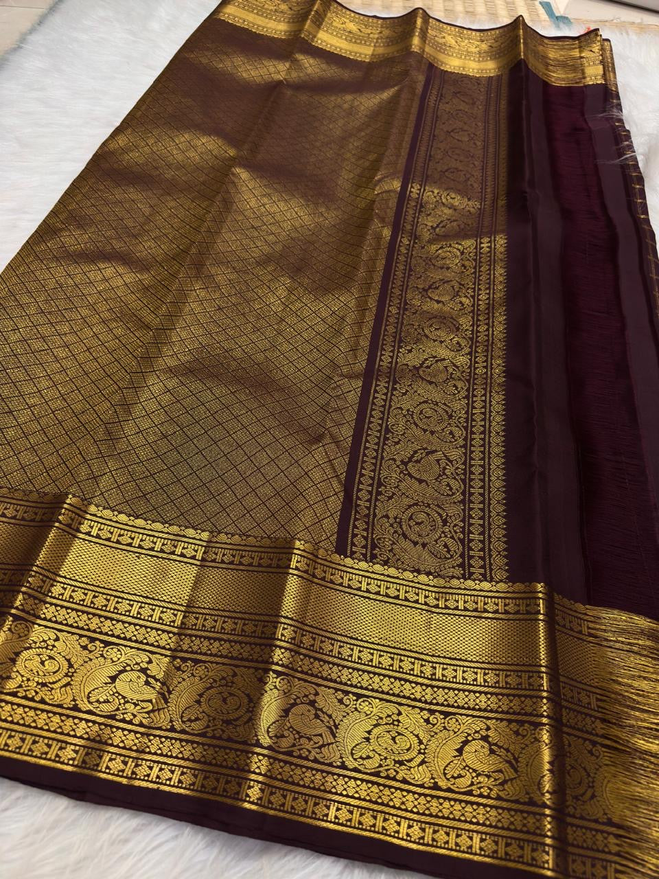Brown handwoven Kanchipuram Zari Kattam silk saree, Idam Living