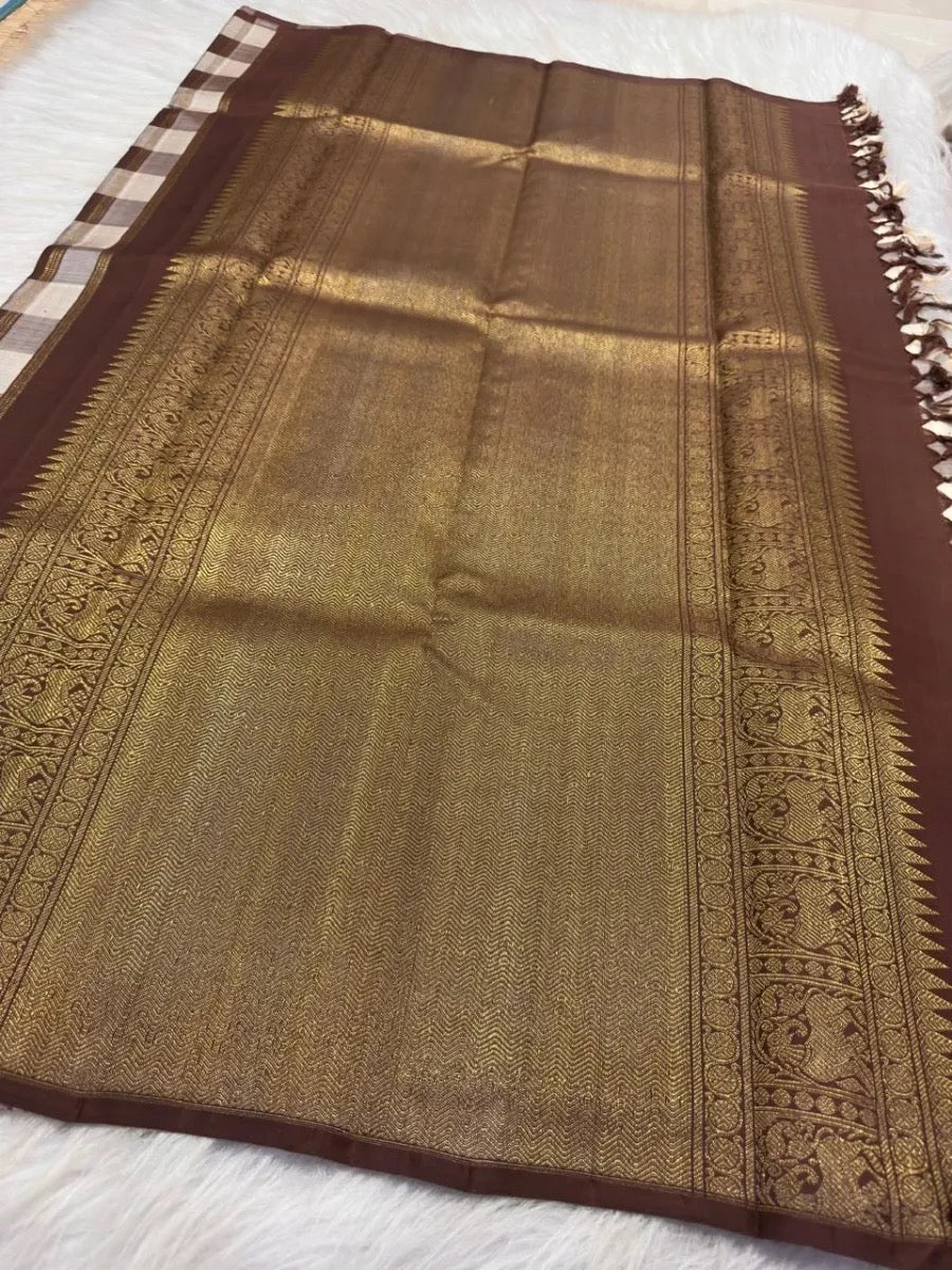Brown and ivory Kanjivaram pure silk Kattam saree close-up