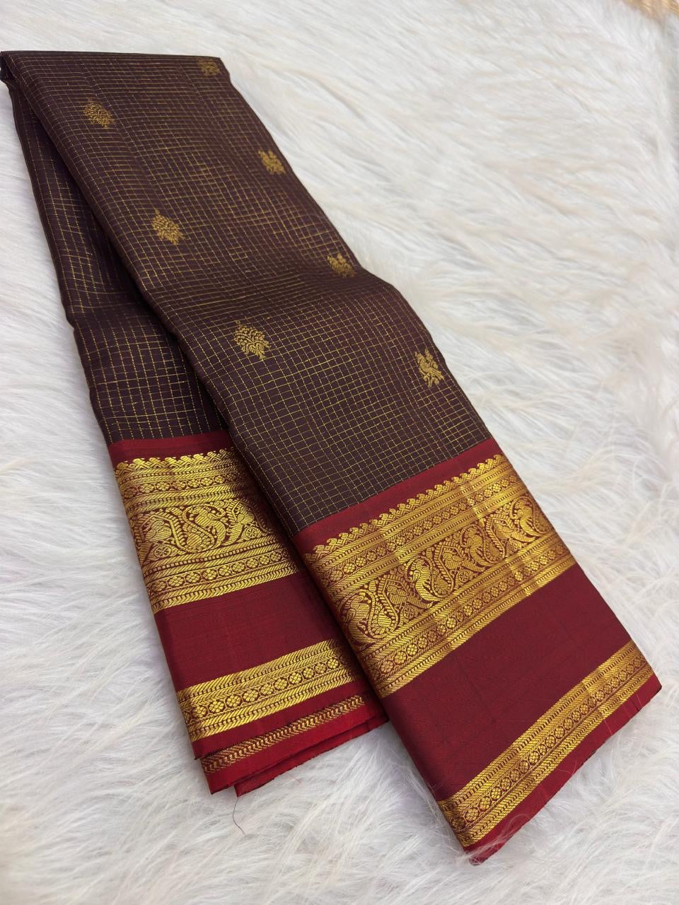 Deep Espresso Brown Kanchipuram silk saree with gold zari checks and Arakku maroon border