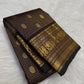 Handwoven lightweight pure silk Kanjivaram saree in deep brown with Zari Kattam body Mayil Chakram butta and ornate antique gold zari border Silk Mark certified