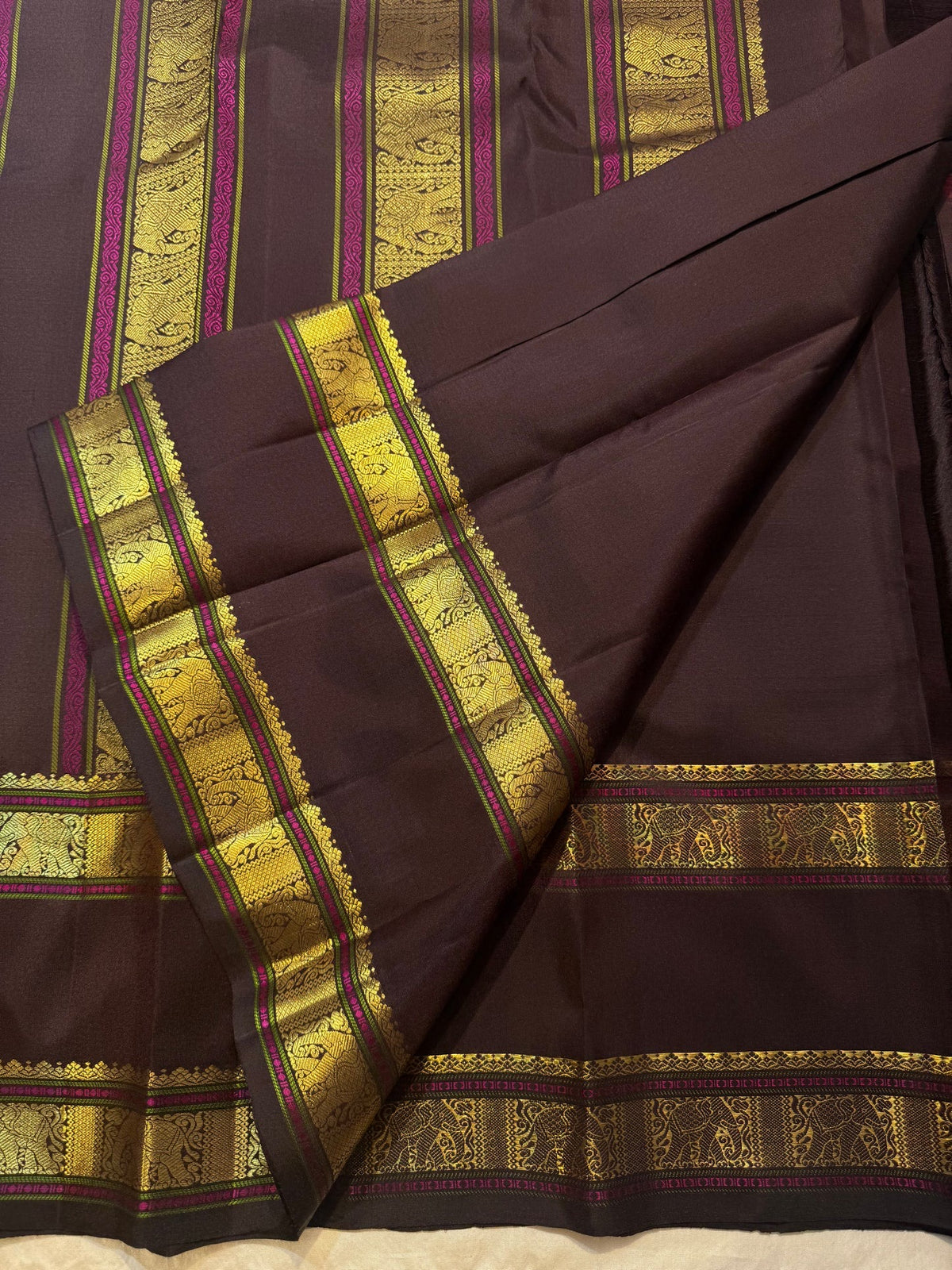 Deep Cocoa Brown Handwoven Pure Silk Kanjipuram Rettapet Saree with Surya Kamalam Gold Zari Buttas