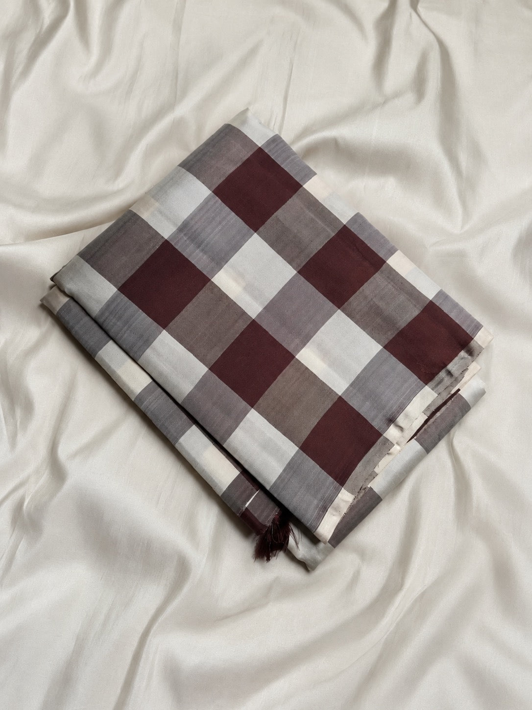 Brown and white checked Kanchi Kattam pure silk Kanchipuram saree