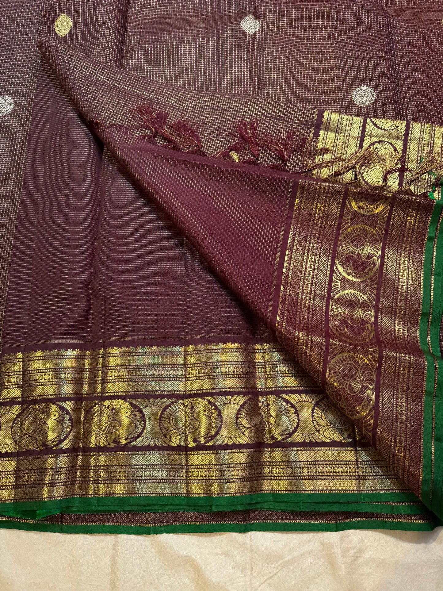 Brown self-colour Zari Kattam grid texture detail
