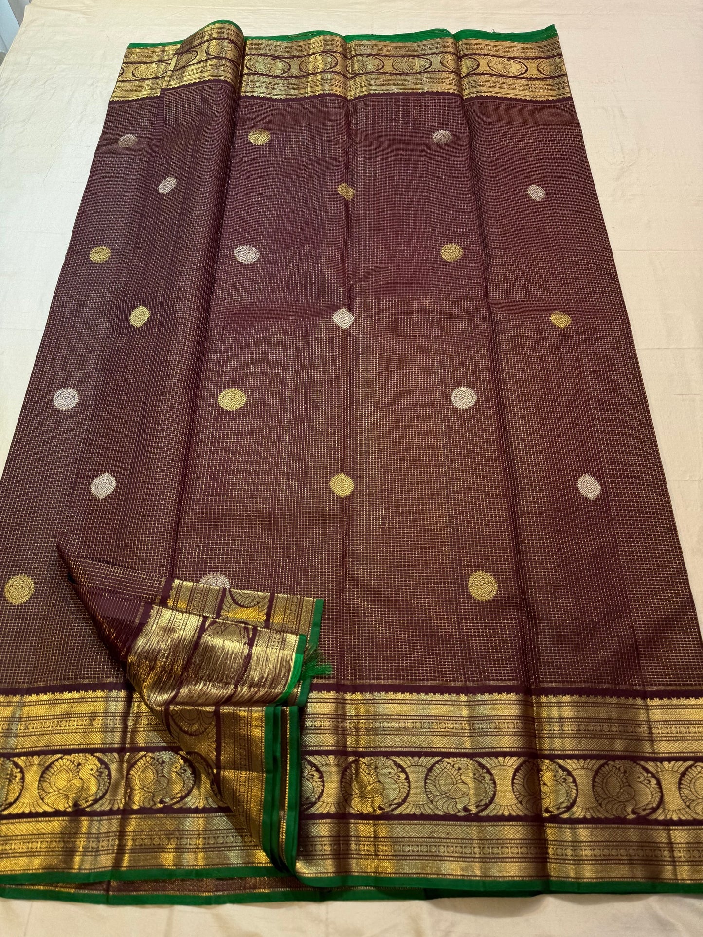 Full brown Zari Kattam saree folded view