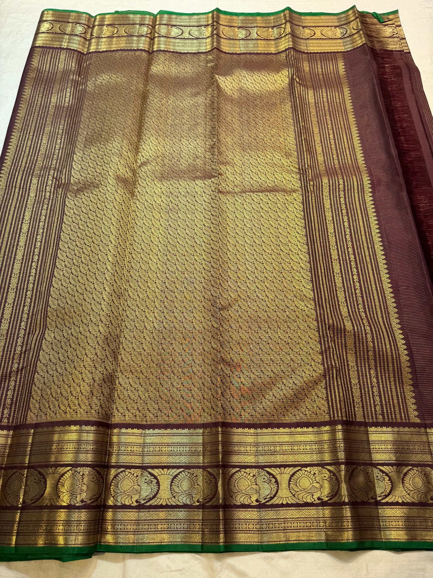 Brown handwoven pure silk Kanjeevaram saree with gold Zari Kattam grid — Idam Living
