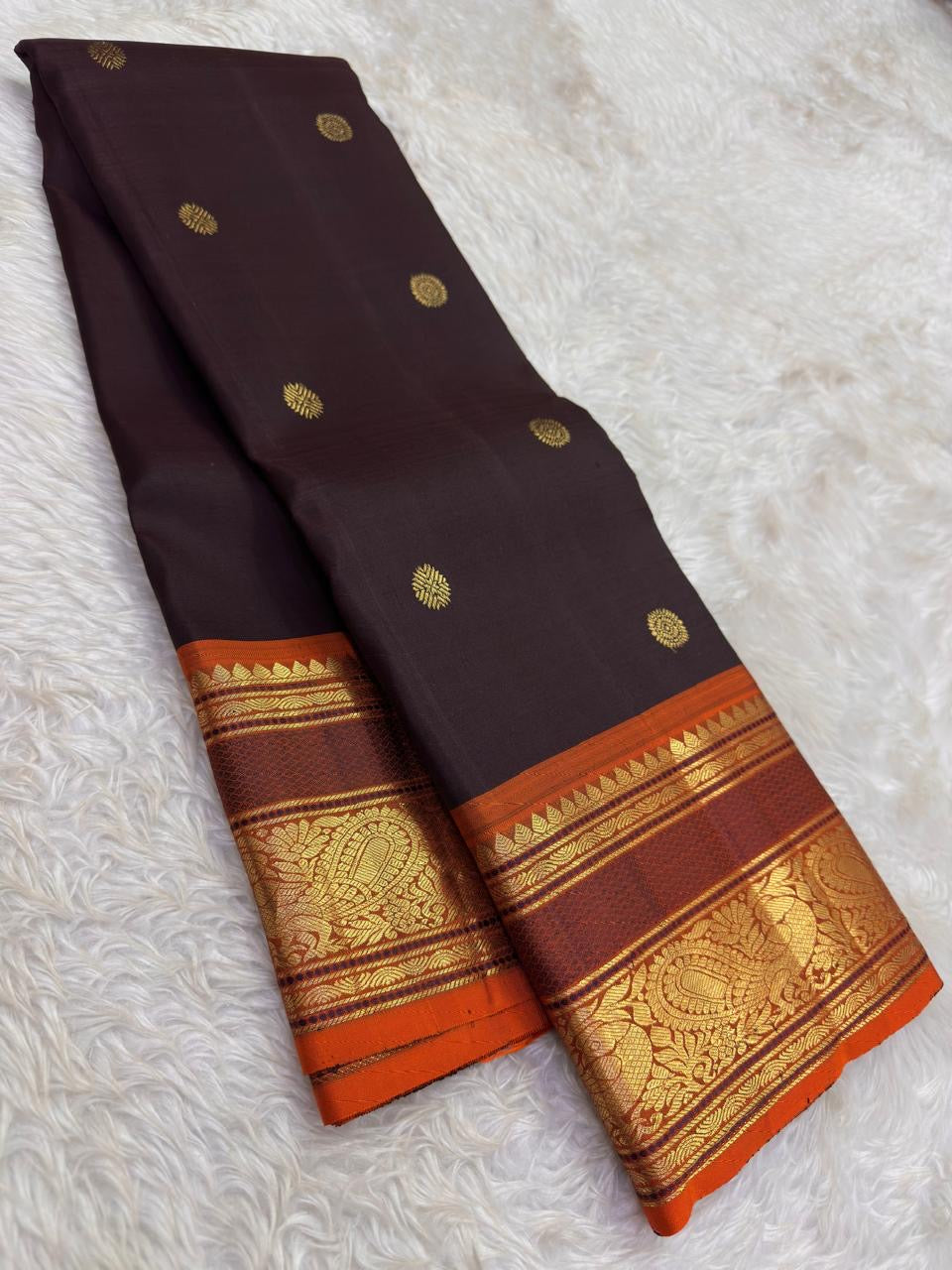 Burgundy Deep Coffee Brown and Orange Handwoven Pure Silk Kanjivaram Saree with Kamalam Butta and Silk Thread Zari Border