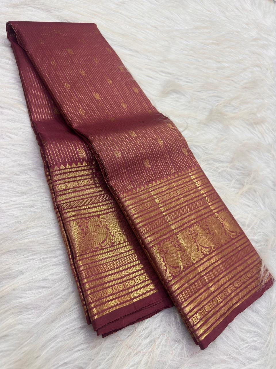 Earthy Rose Pure Silk Kanchipuram Butta saree with fine vertical antique-gold zari lines