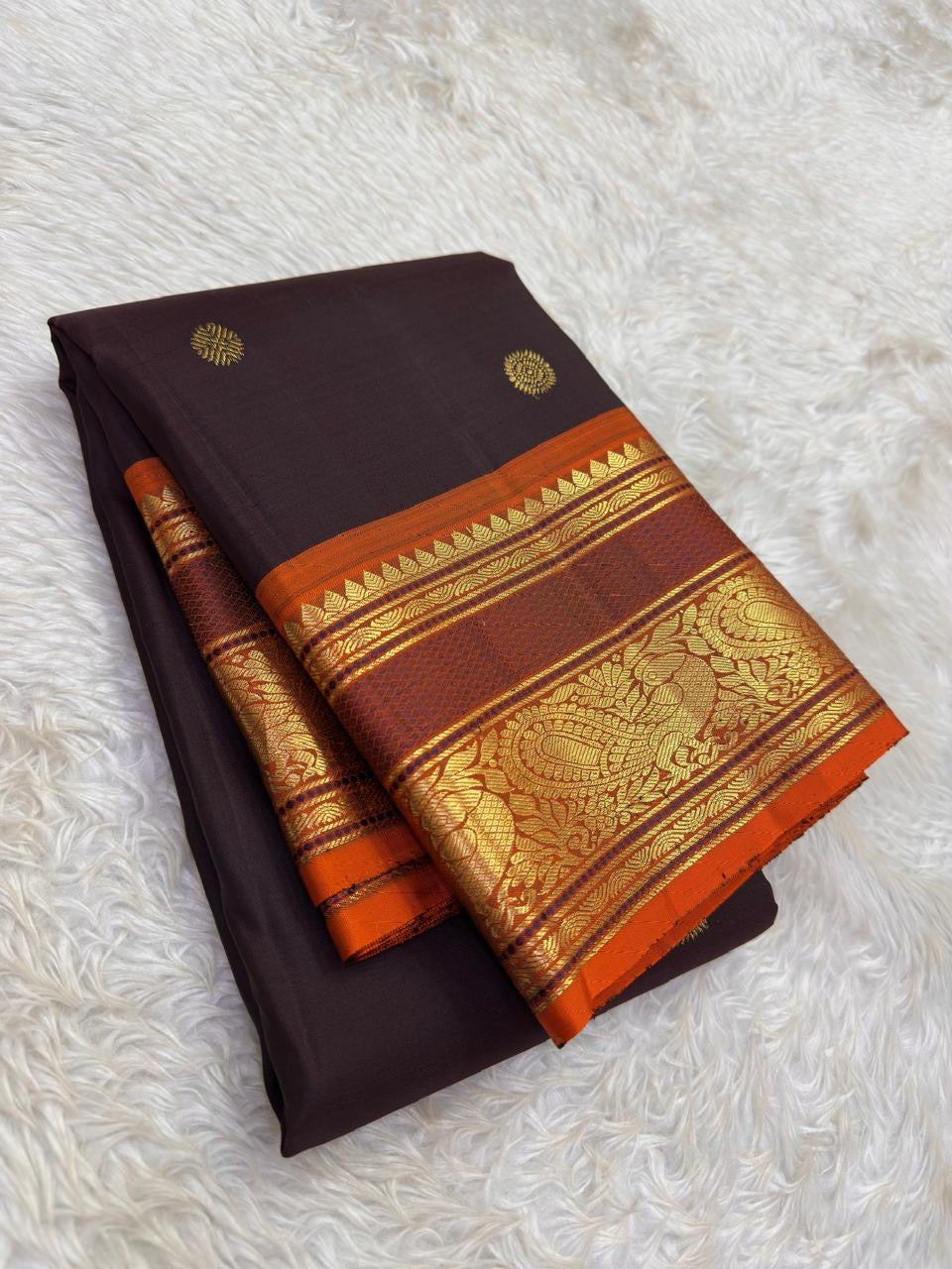Burgundy Deep Coffee Brown and Orange Handwoven Pure Silk Kanjivaram Saree with Kamalam Butta and Silk Thread Zari Border