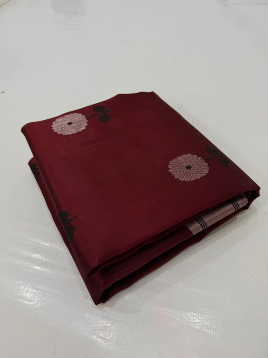 Folded view of Deep Burgundy Pure Silk Chanderi Saree with Black Border