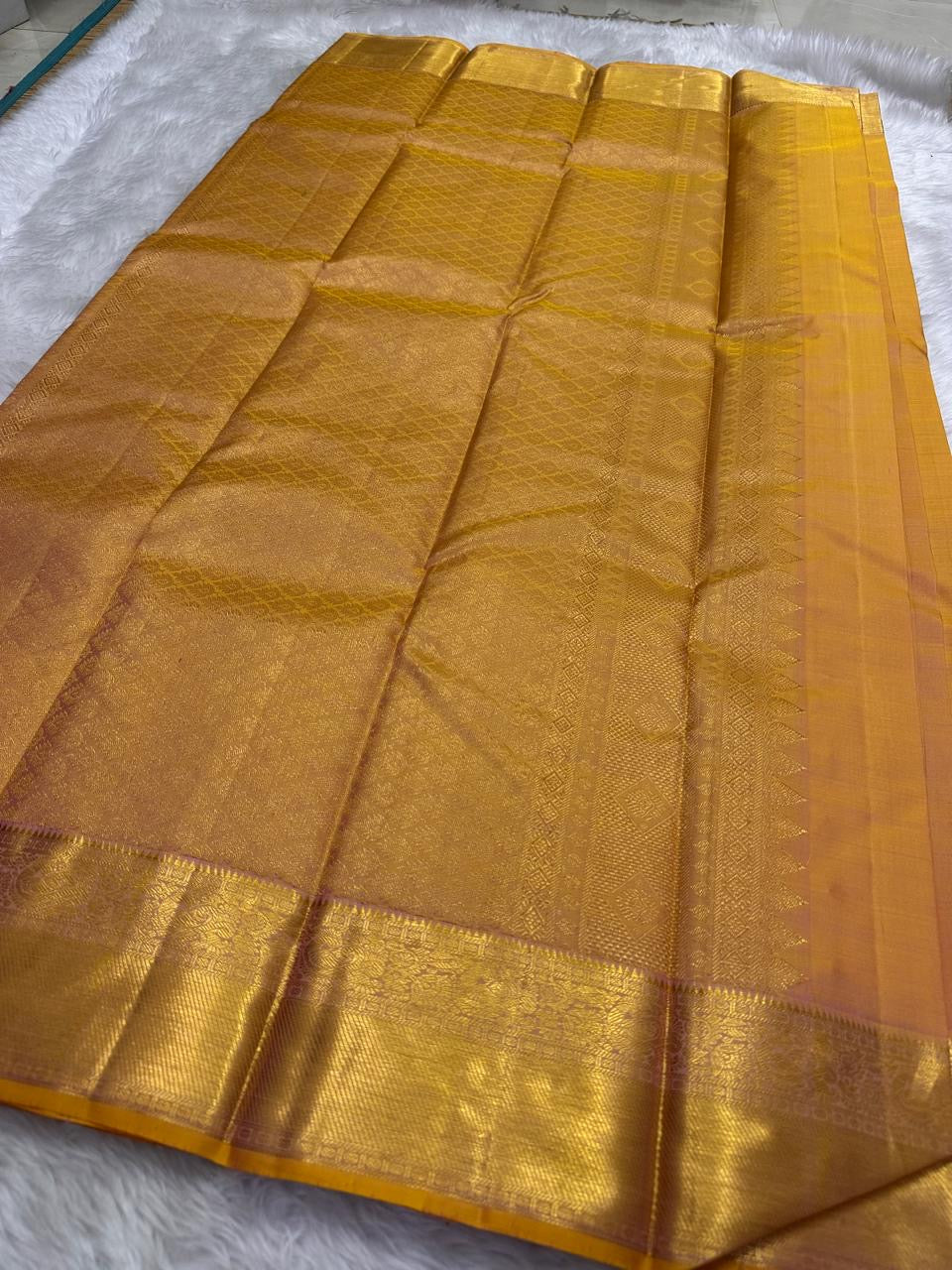 Burnished Marigold Handwoven Pure Silk Kanjeevaram Saree with Shot Colour and Zari Buttas