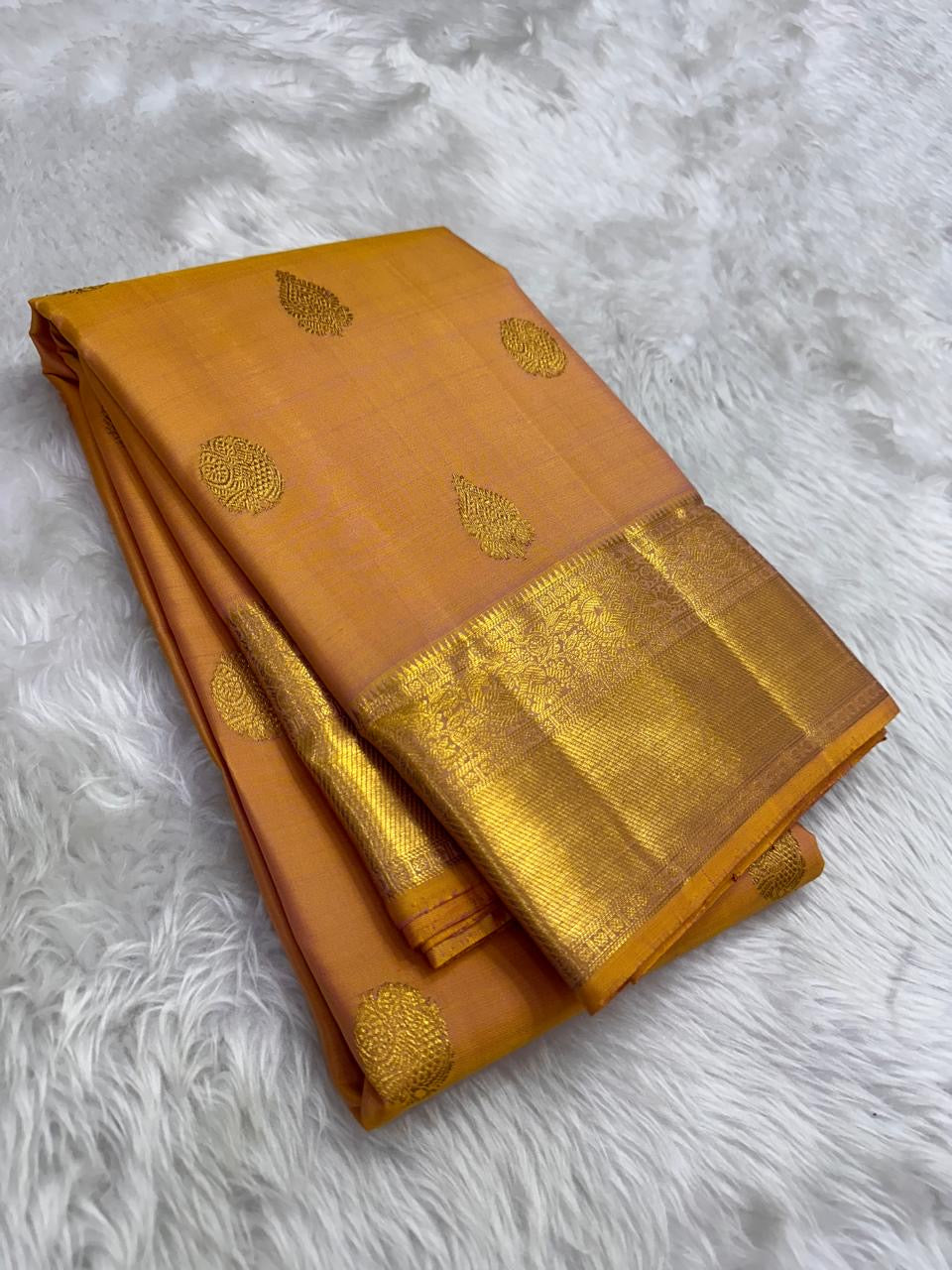 Burnished Marigold Handwoven Pure Silk Kanjeevaram Saree with Shot Colour and Zari Buttas
