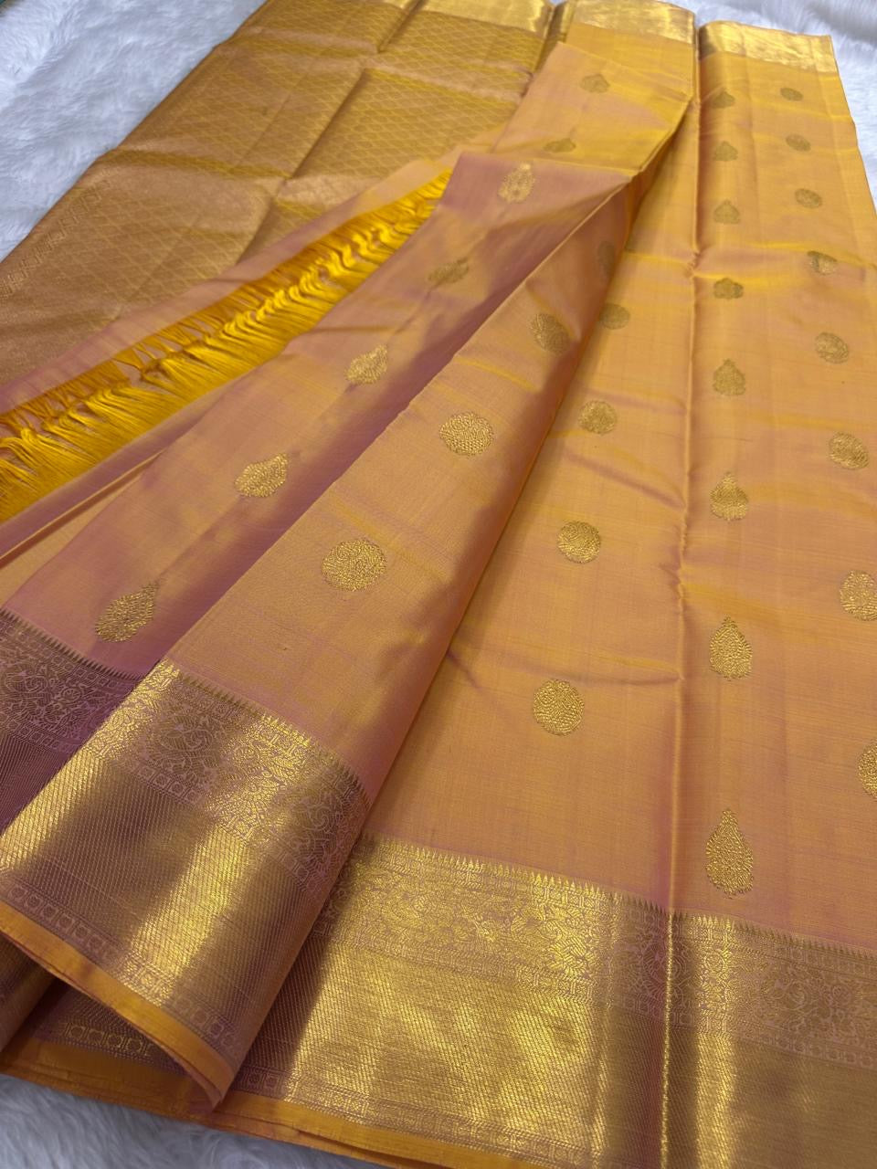 Burnished Marigold Handwoven Pure Silk Kanjeevaram Saree with Shot Colour and Zari Buttas