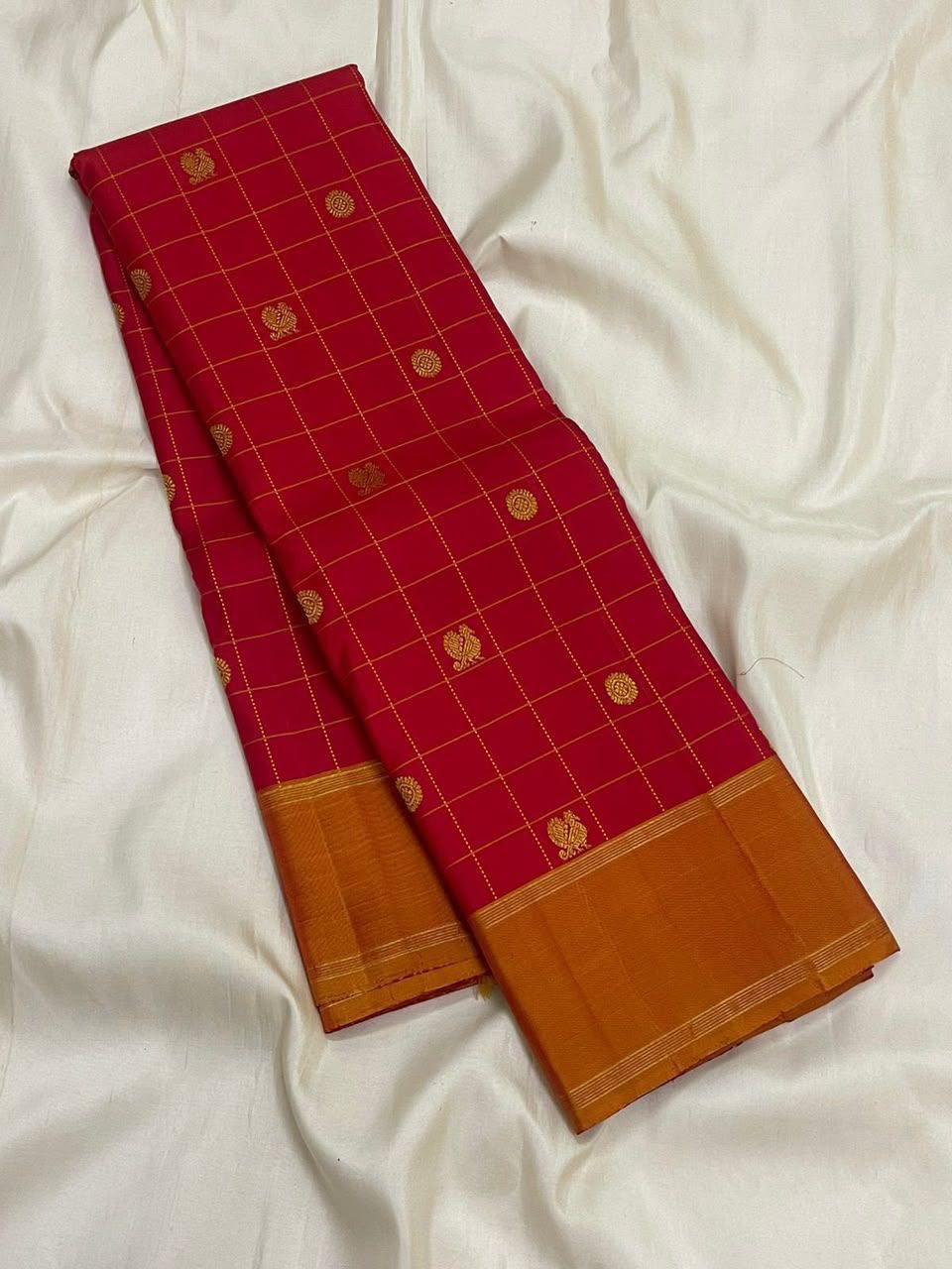 Crimson Red Handwoven Pure Silk Kanchipuram Zari Kattam Saree with Burnished Orange Gold Zari Pallu