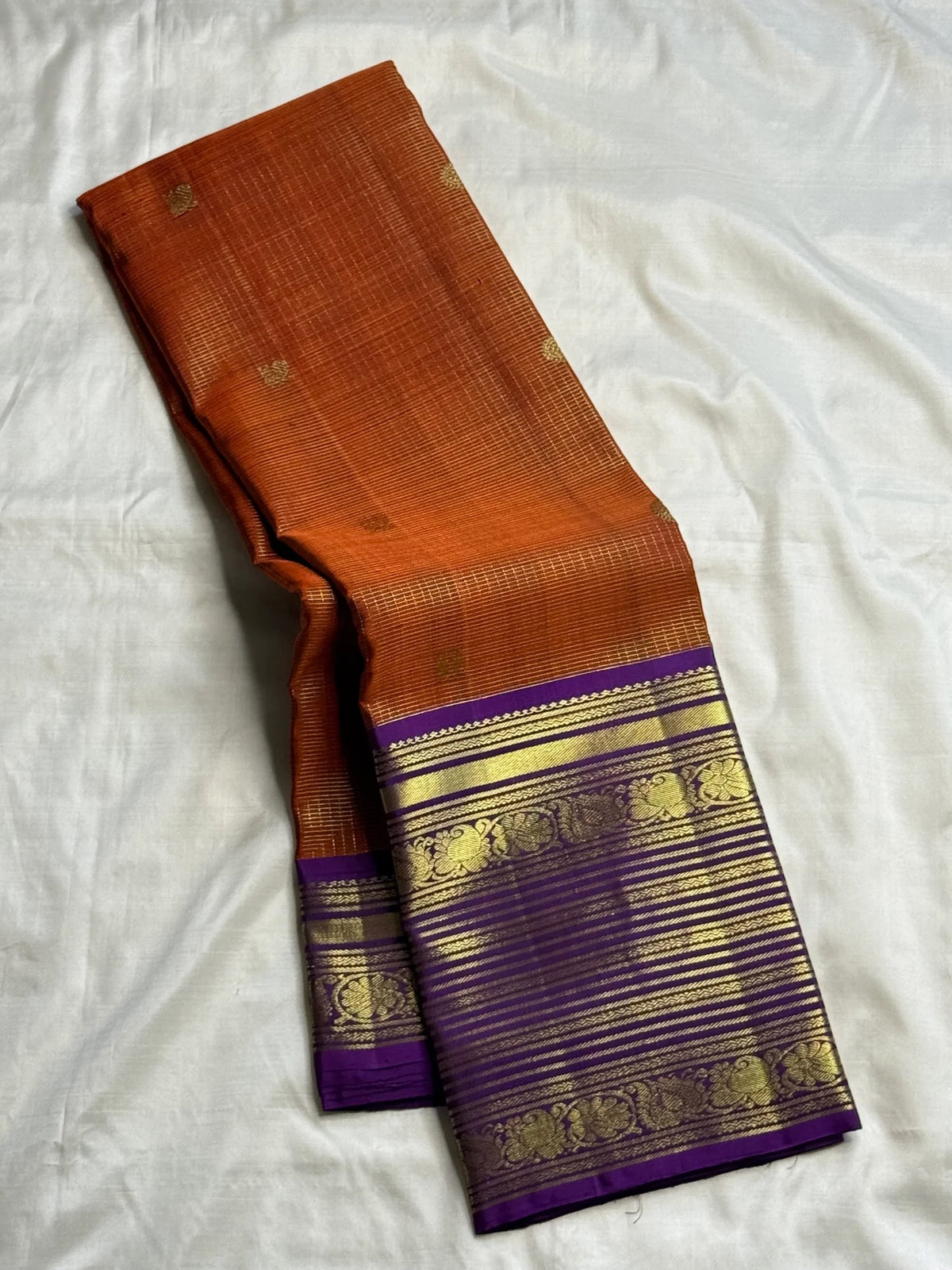 Burnished orange Pure Silk Kancheepuram Varisaipet saree