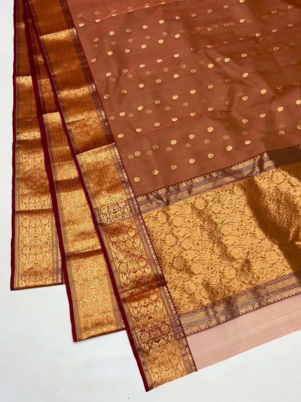 Full view of burnished terracotta Katan Silk Chanderi saree