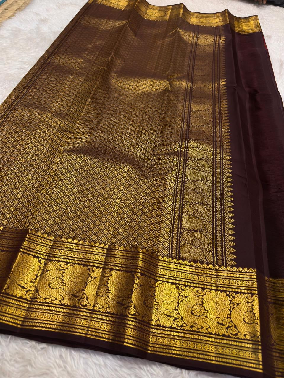 Burnt Copper Handwoven Pure Silk Kanchipuram Saree with Deep Aubergine Korvai Zari Border