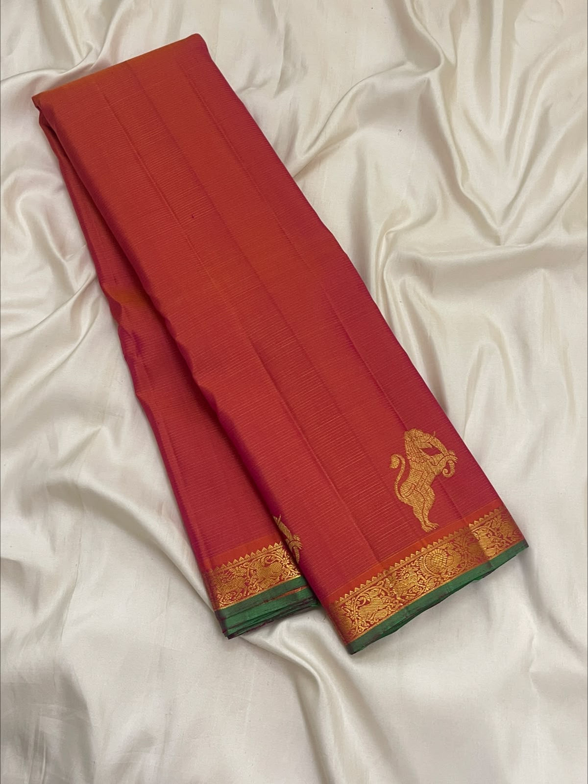 Burnt Coral Orange Handwoven Pure Silk Kanchipuram Vairaoosi Saree with Yazhi Motif