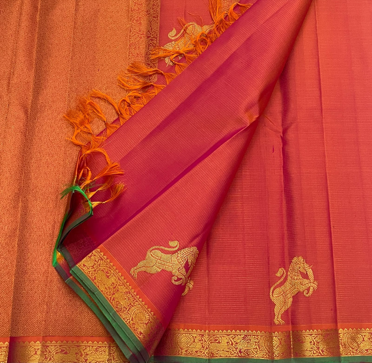 Burnt Coral Orange Handwoven Pure Silk Kanchipuram Vairaoosi Saree with Yazhi Motif