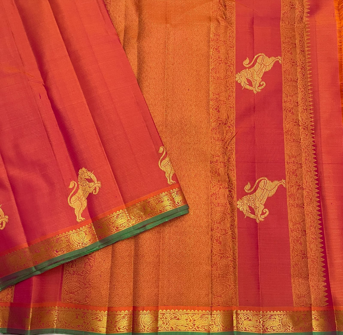 Burnt Coral Orange Handwoven Pure Silk Kanchipuram Vairaoosi Saree with Yazhi Motif