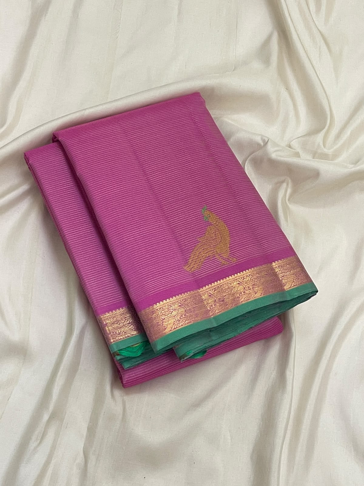 Soft Orchid Pink Handwoven Pure Silk Kanjeevaram Vairaoosi Saree with Peacock Motif