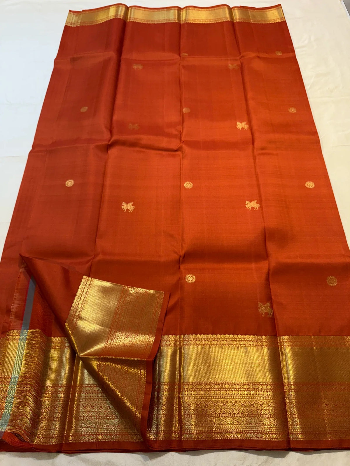 Detail of the broad gold zari border on the earthy burnt-orange Kanjivaram saree