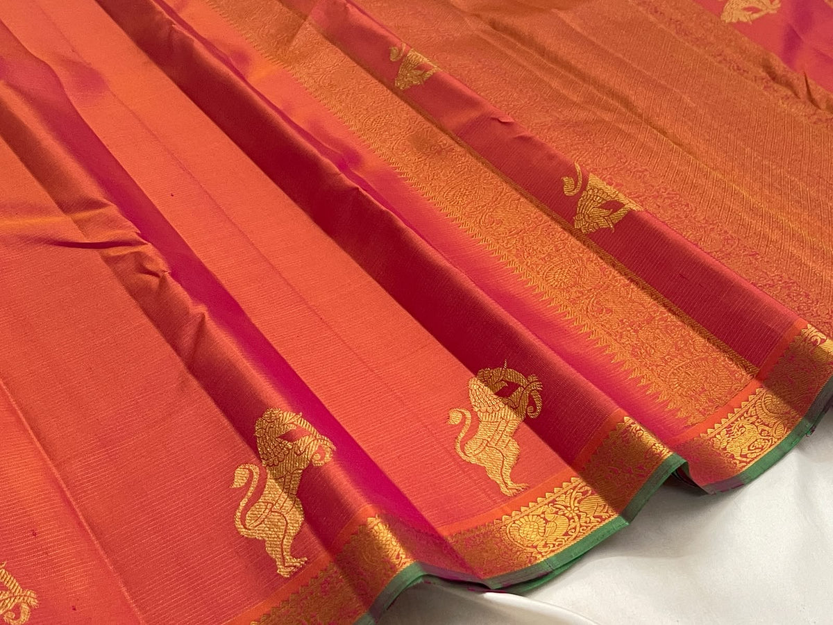 Burnt Coral Orange Handwoven Pure Silk Kanchipuram Vairaoosi Saree with Yazhi Motif