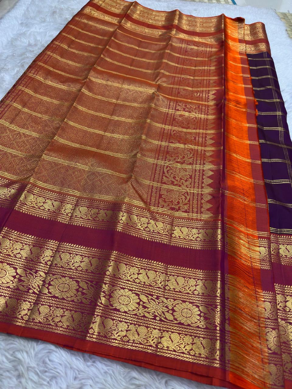 Kanchipattu silk saree in dark cocoa brown with burnt orange border Varisaipet Korvai weave traditional zari detail