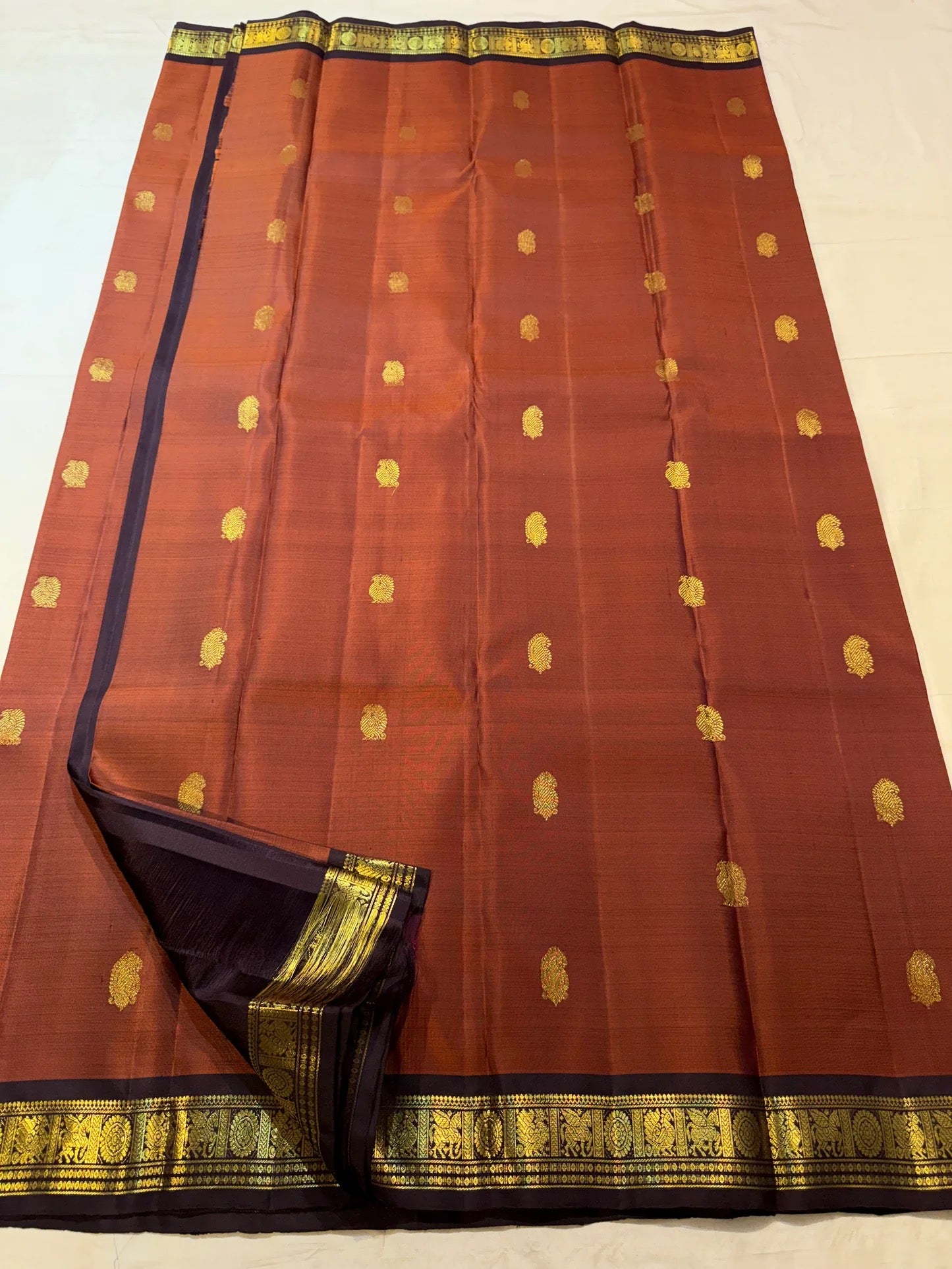 Burnt Rust pure silk Kanjivaram Korvai saree with Deep Brown contrast border.