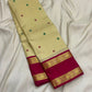 Butter Cream Ivory Handwoven Pure Silk Kancheepuram Rettapet Saree with Raspberry Magenta Zari Border
