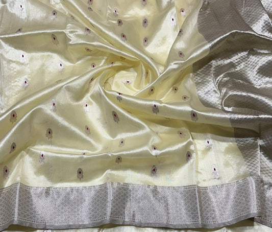 Butter Silk Pure Silk Chanderi Saree folded view with Antique Silver Border